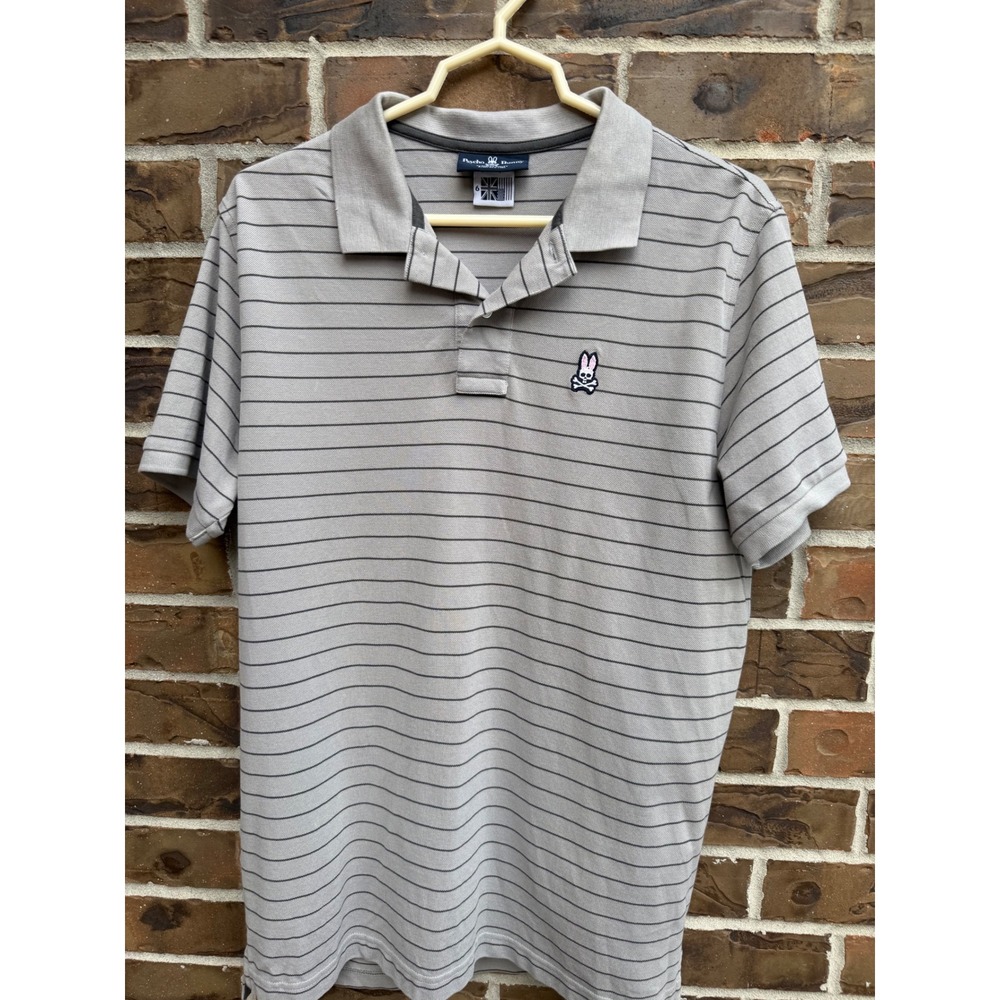 Psycho Bunny Mens Grey Striped Pique Short Sleeve Polo Shirt Size 6 Large L